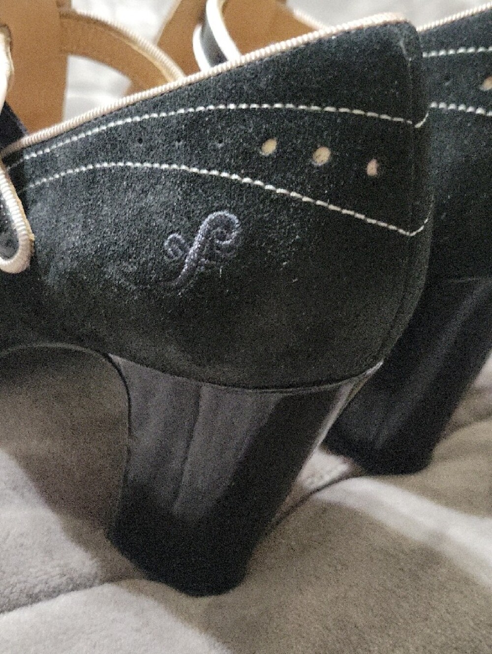 John Fluevog Black Heels with Cream Trim and Round Buckle - Picture 6 of 9